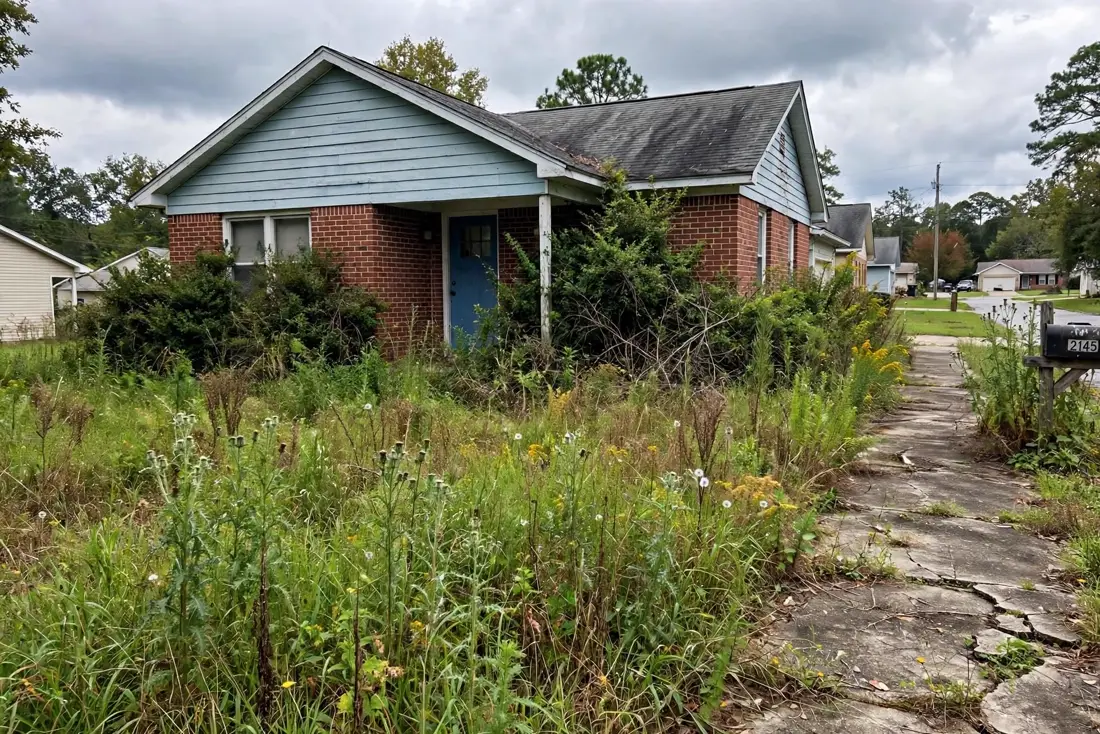 Overgrown lawn and shrubs at a brick ranch before cleanup